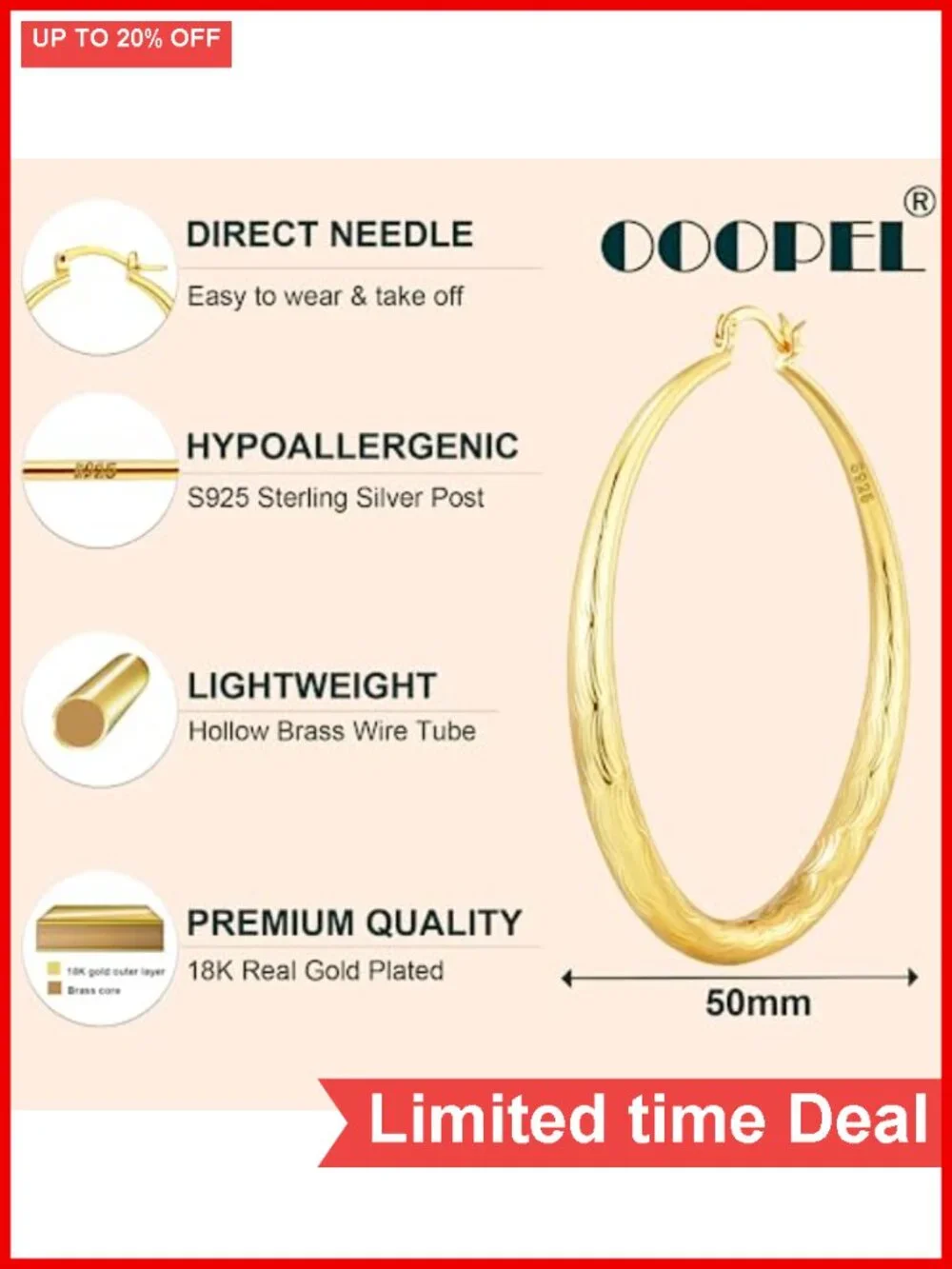 Sterling Silver Diamond-Cut Gold Hoop Earrings Hypoallergenic Ripple Design